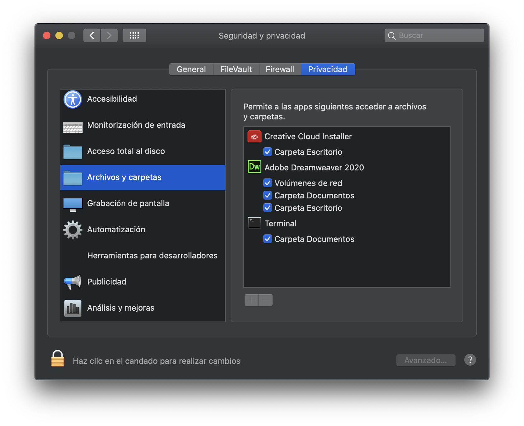 Cuadro de diálogo Seguridad y Privacidad para acceder a archivos y carpetas