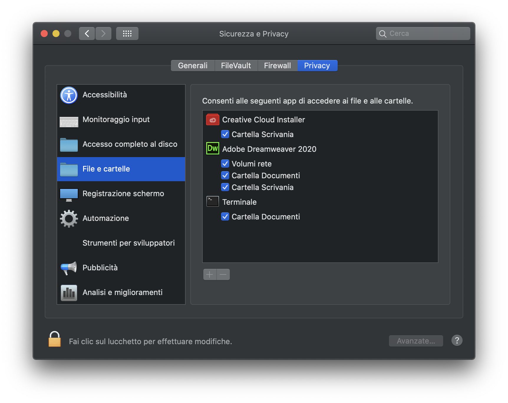 Finestra di dialogo Sicurezza e privacy per l’accesso a File e cartelle