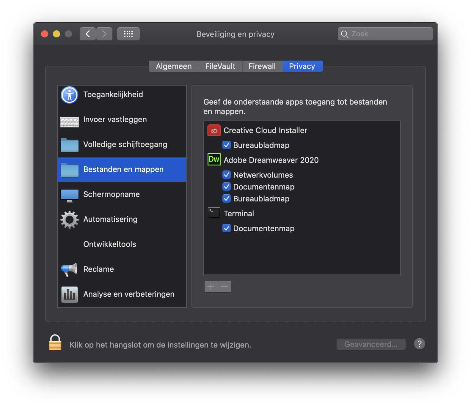Dialoogvenster Beveiliging en privacy voor toegang tot Bestanden en mappen