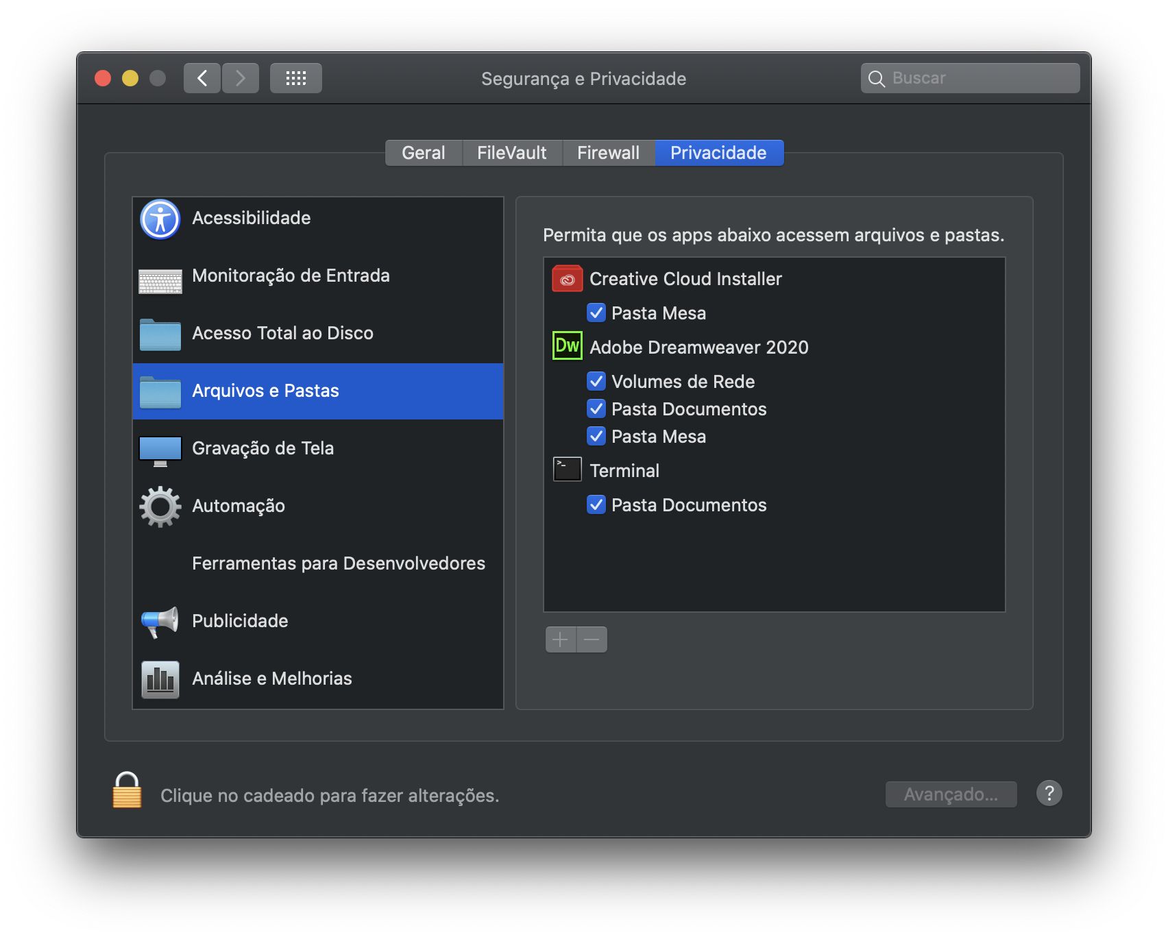 Caixa de diálogo Segurança e privacidade para acessar Arquivos e pastas