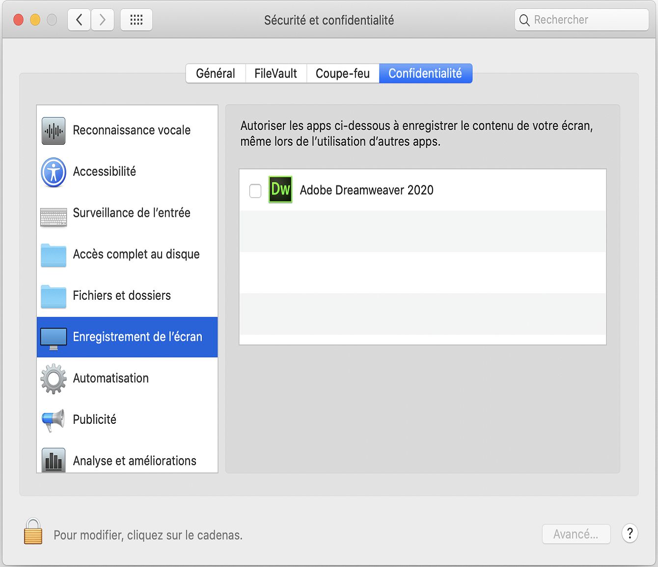 Boîte de dialogue Sécurité et confidentialité pour autoriser l’accès à l’enregistrement d’écran