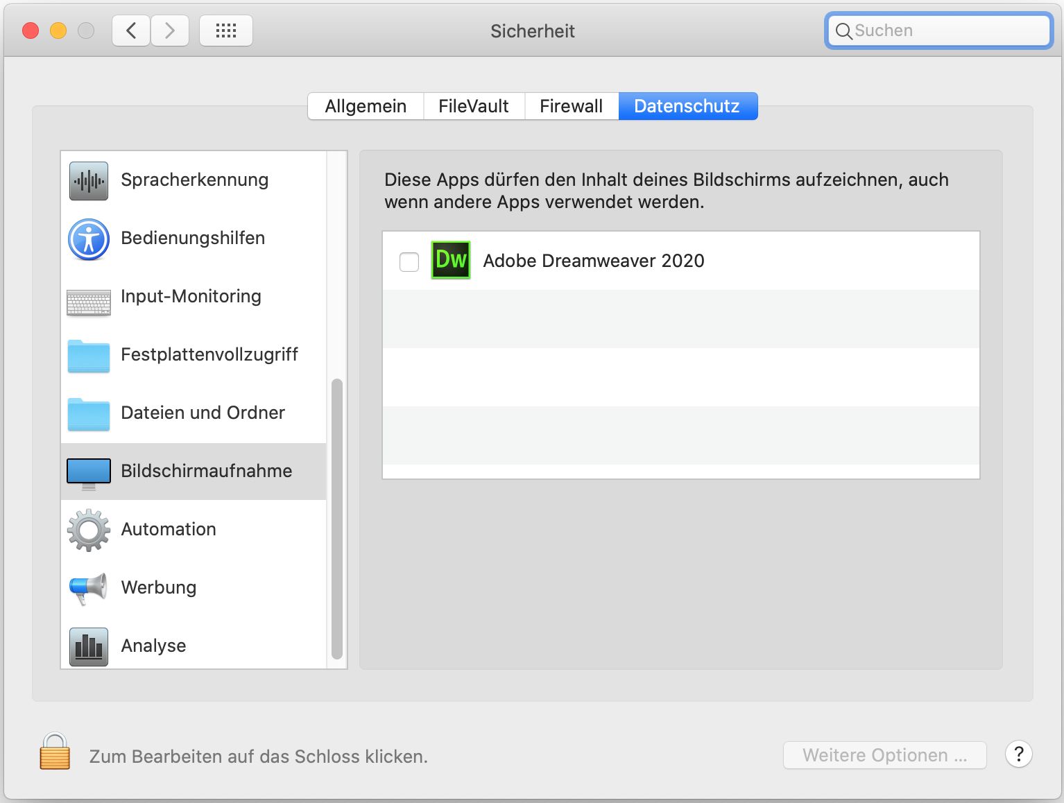 Dialogfeld „Sicherheit und Datenschutz“, um auf Bildschirmaufnahme zuzugreifen