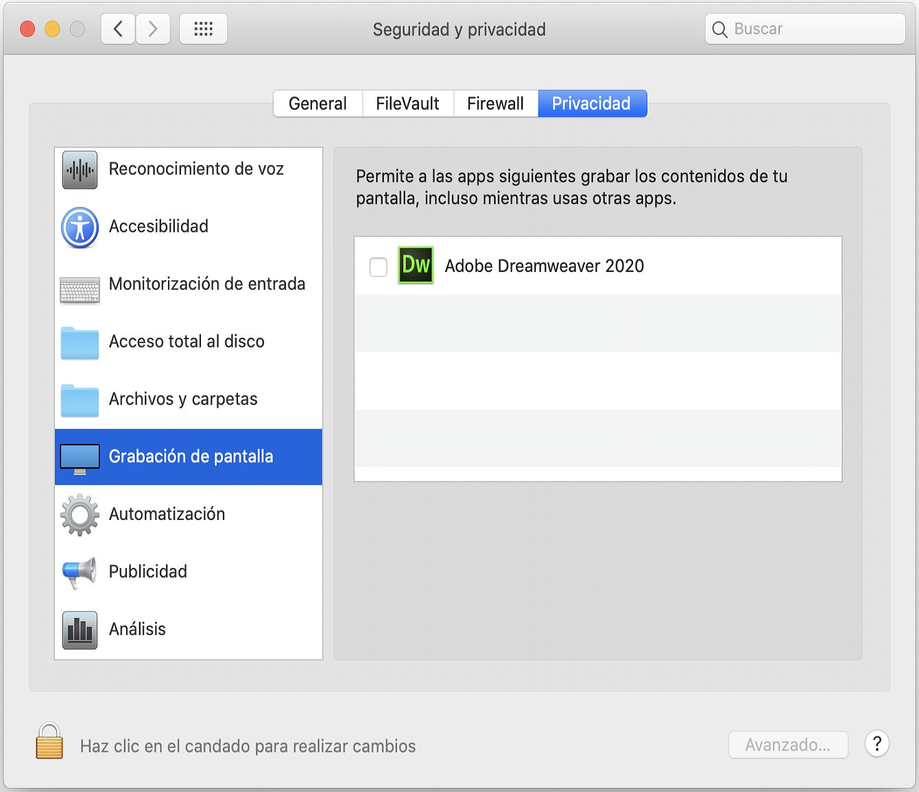 Cuadro de diálogo Seguridad y Privacidad para acceder a la grabación en pantalla