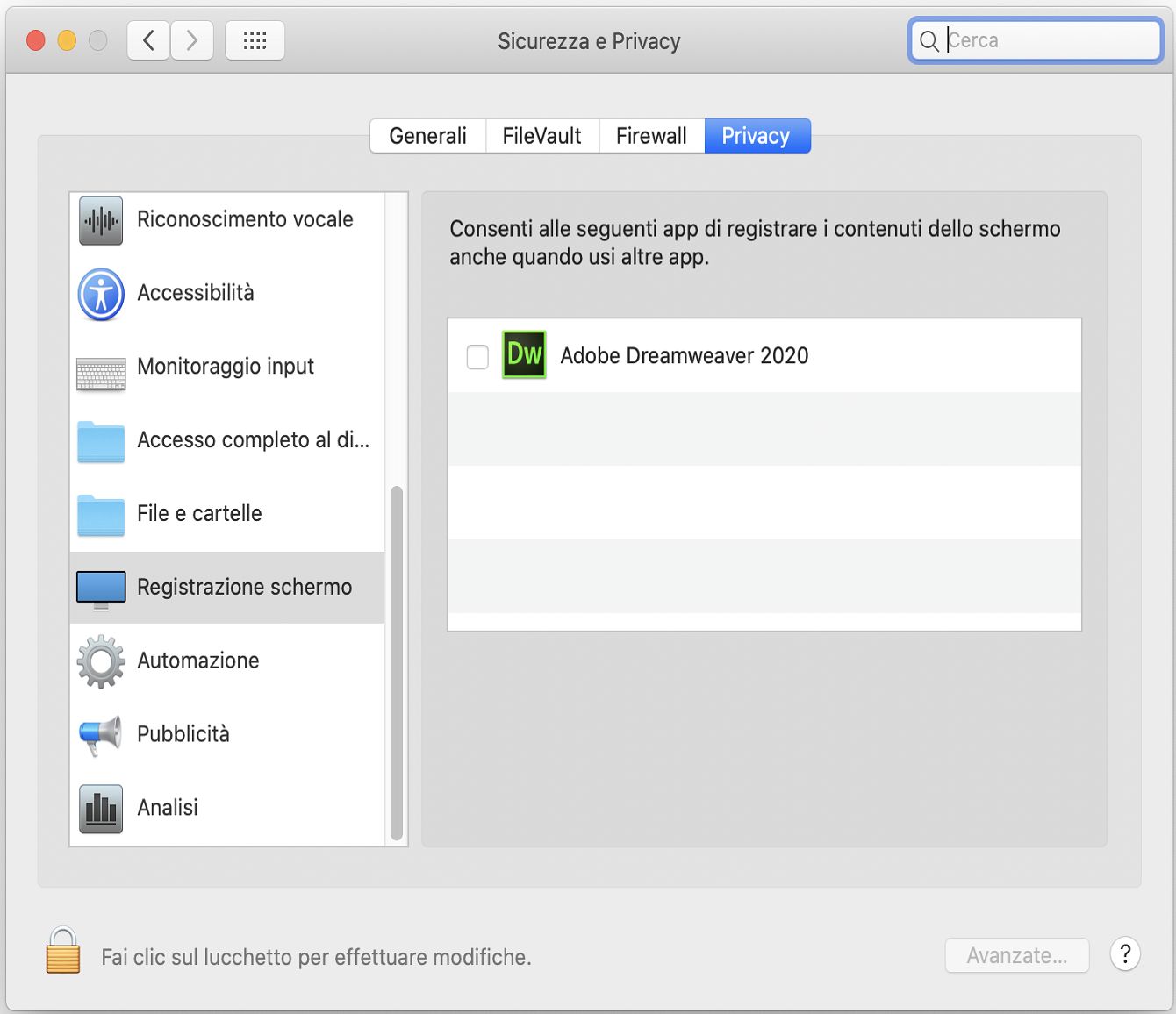 Finestra di dialogo Sicurezza e privacy per l’accesso alla registrazione schermo