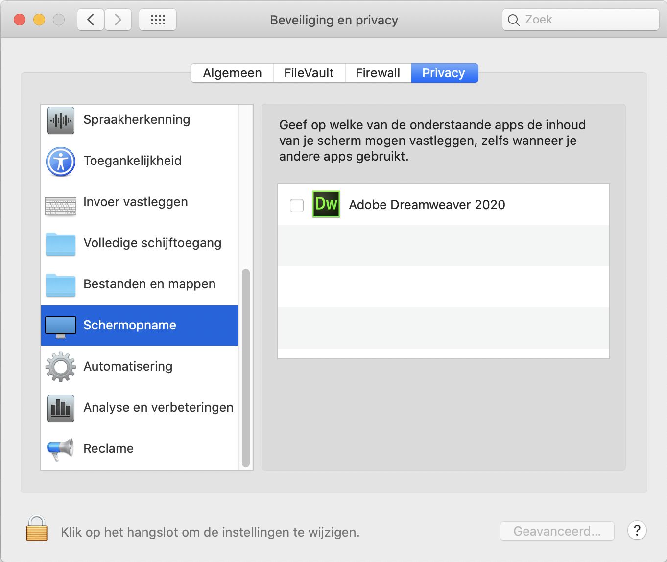 Dialoogvenster Beveiliging en privacy voor toegang tot Schermopname