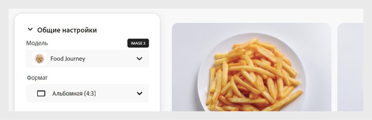 Выбранная пользовательская модель называется Food Journey, формат — «Альбомная (4:3)». У модели есть значок, указывающий, что во время обучения применялась модель Firefly Image.