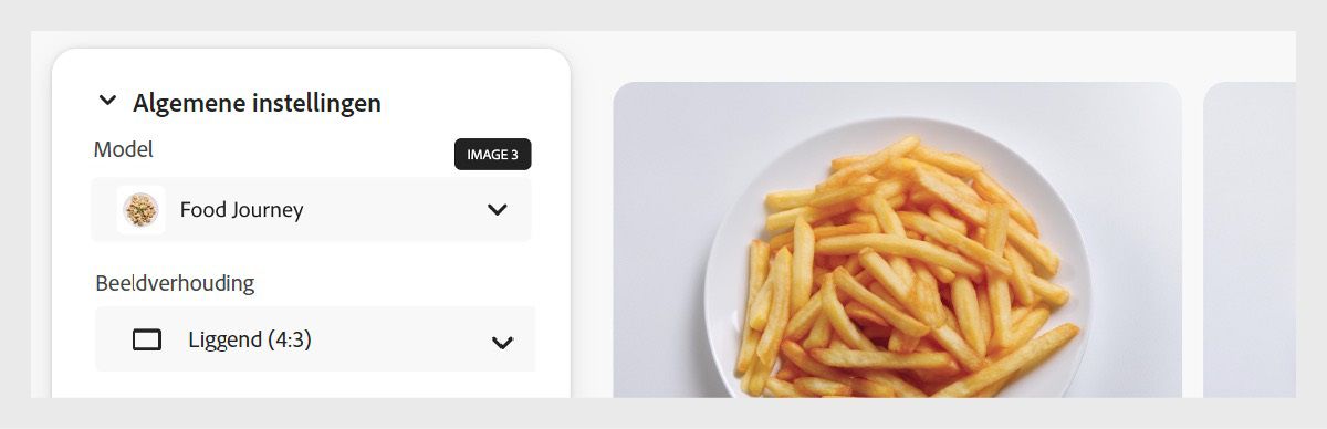 Een gekozen aangepast model is ‘Food Journey’ en de beeldverhouding is ingesteld op ‘Landscape (4:3)’. Het model heeft een badge die aangeeft welk Firefly-afbeeldingsmodel is gebruikt toen het werd getraind.