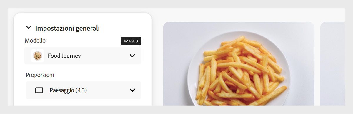 Viene scelto il modello personalizzato &quot;Food Journey&quot; e le proporzioni sono impostate su &quot;Orizzontale (4:3)&quot;. Il modello è provvisto di un badge che indica come il modello di immagine di Firefly sia utilizzato per l'addestramento.