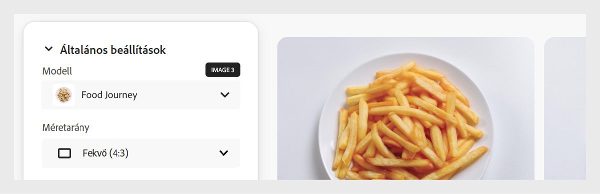 A kiválasztott egyedi modell a „Food Journey”, a méretarány pedig „Fekvő (4:3)”. A modell jelvénnyel rendelkezik, amely azt jelzi, hogy milyen Firefly Image modellt használtak a betanítás során.