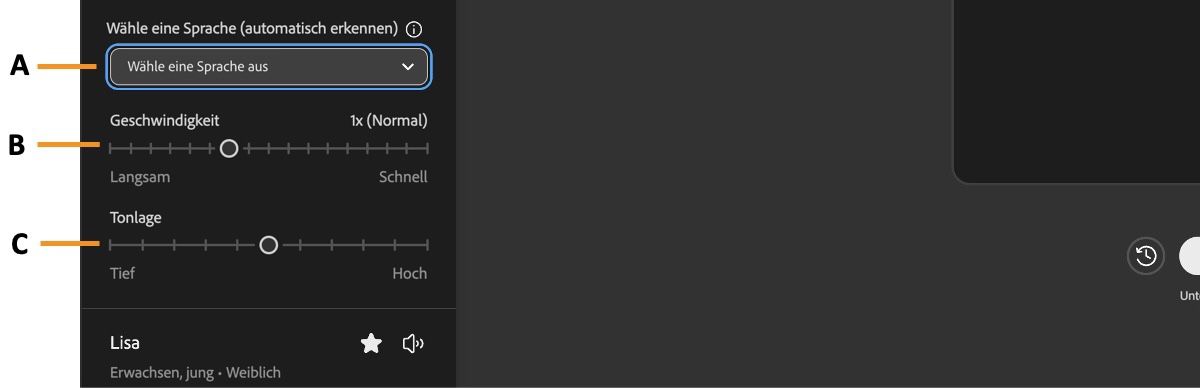 Im Abschnitt „Spracheinstellungen“ werden das Dropdown-Menü „Akzent“ und die Regler für Geschwindigkeit und Tonlage angezeigt, um die Sprachgenerierung anzupassen.
