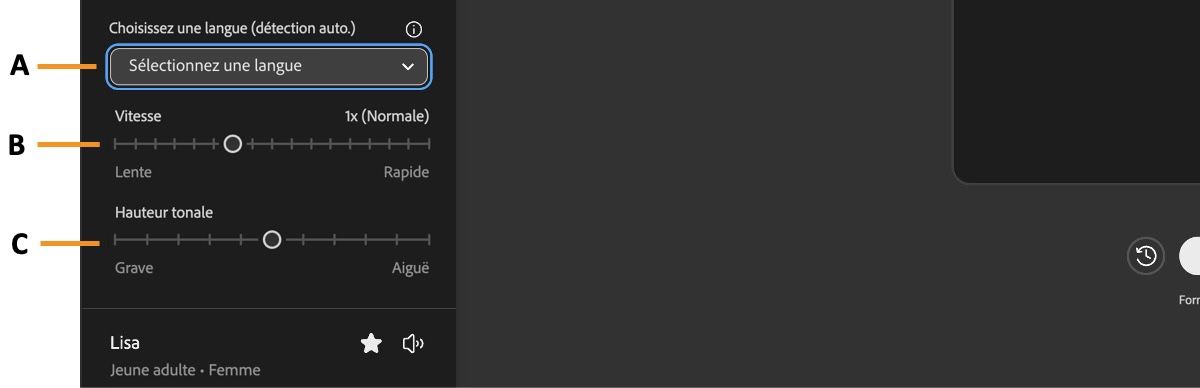 La section Paramètres de parole présente le menu déroulant des accents et les curseurs de vitesse et de hauteur tonale permettant de régler la génération de la parole.