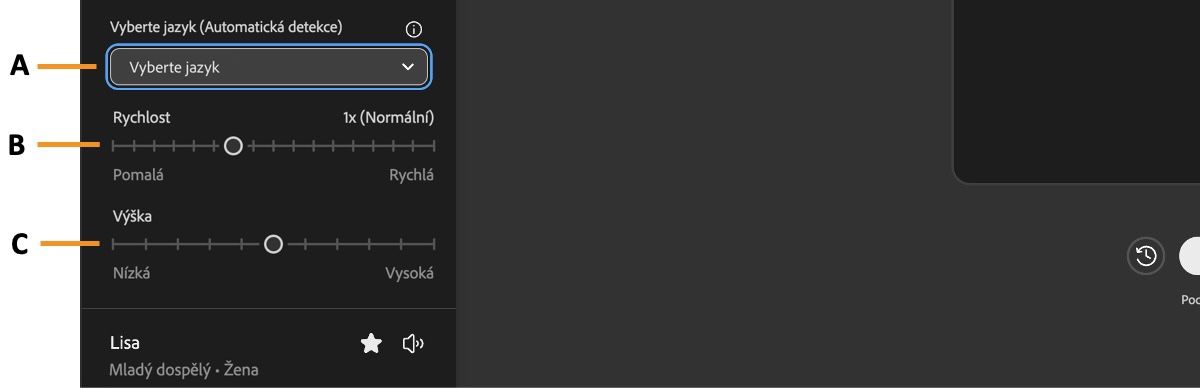 Část Nastavení řeči zobrazuje rozbalovací nabídku Přízvuk a posuvníky rychlosti a výšky hlasu pro úpravu generování řeči.