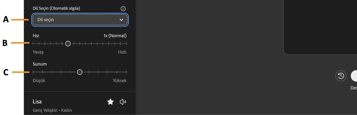 Konuşma ayarları bölümü, konuşma oluşturma için ayarlanabilen Aksan açılır menüsünü ve hız ve perde kaydırıcılarını gösterir.