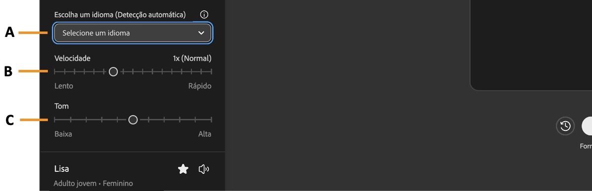 A seção Configurações de fala exibe o menu suspenso Sotaque e os controles deslizantes de velocidade e tom para ajustar a geração de fala.