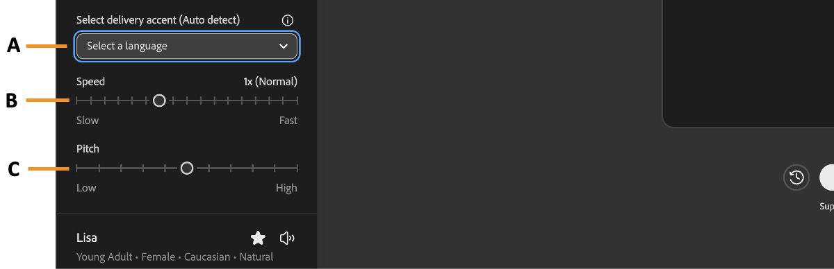The Speech settings section displays the Accent dropdown menu and the speed and pitch sliders to adjust for speech generation.