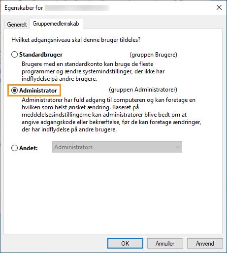 Vælg Administratorgruppemedlemskab