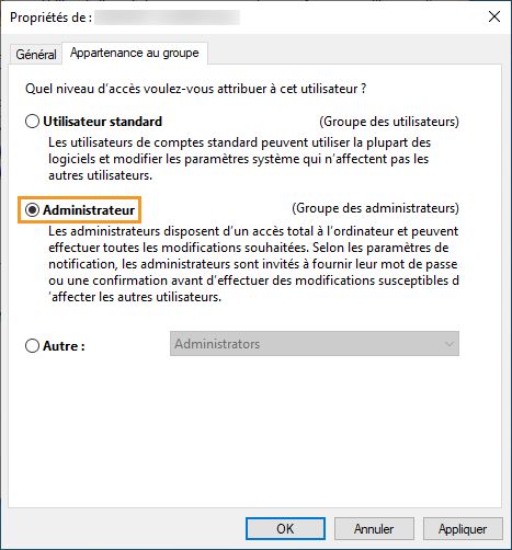 Sélectionnez appartenance à un groupe Administrateur