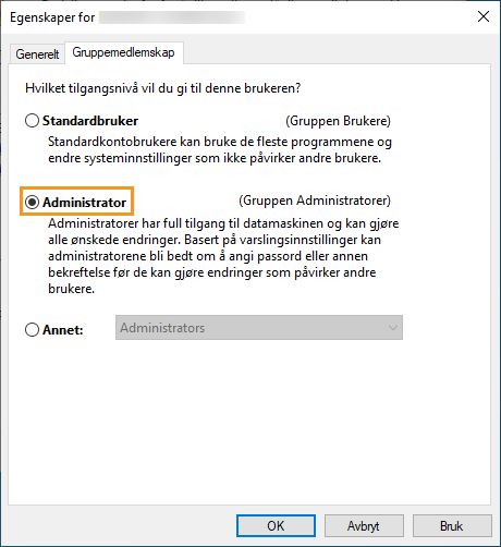 Velg Administratorgruppemedlemskap