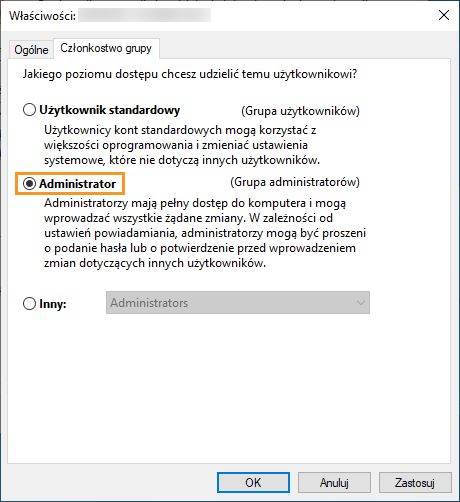 Wybierz członkostwo w grupie administratorów