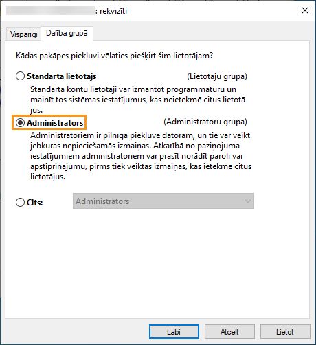Izvēlieties dalību administratora grupā