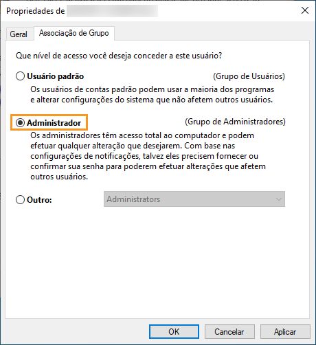 Selecionar associação de grupo de administradores