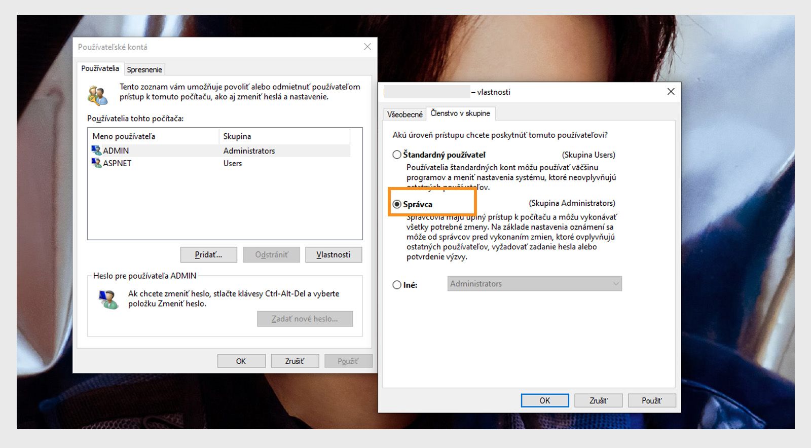 Karta Členstvo v skupine v okne vlastností používateľa poskytuje možnosť vybrať Správca ako úroveň prístupu pre systémové používateľské konto.