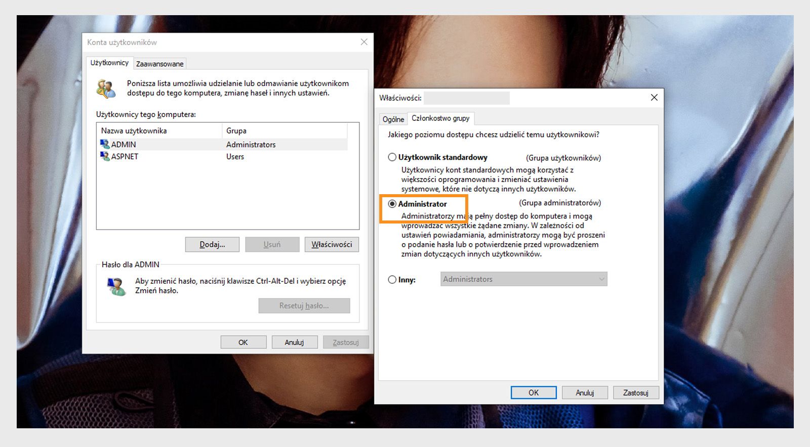 Karta Plan grupowy w oknie właściwości użytkownika umożliwia wybranie opcji Administrator jako poziomu dostępu dla konta użytkownika systemu.
