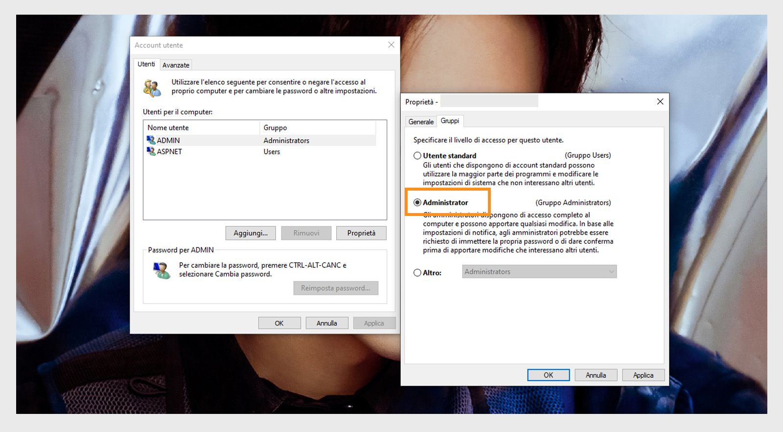 La scheda Iscrizione al gruppo nella finestra delle proprietà dell’utente offre l’opzione per selezionare Amministratore come livello di accesso per l’account utente del sistema.