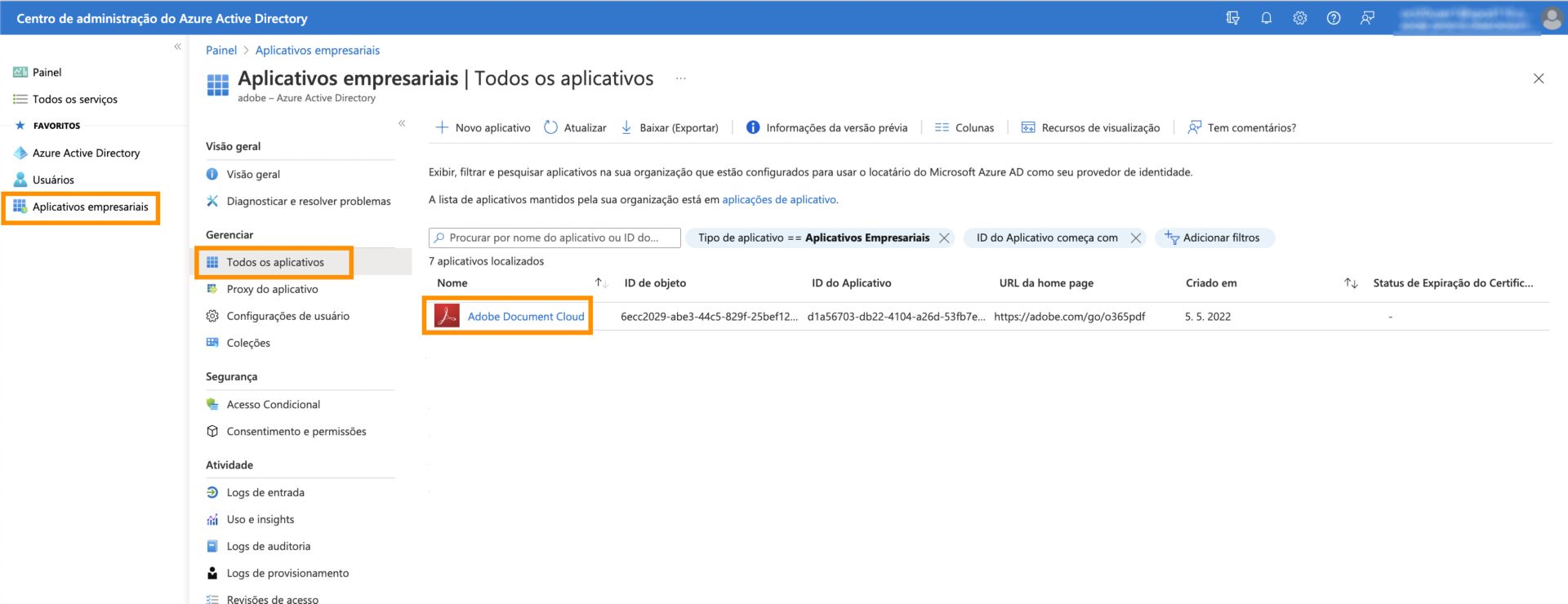 Selecione o aplicativo da Adobe Document Cloud