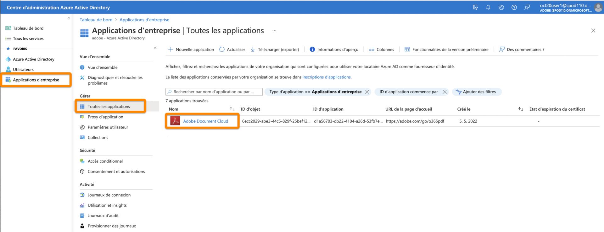 Sélection de l’application Adobe Document Cloud