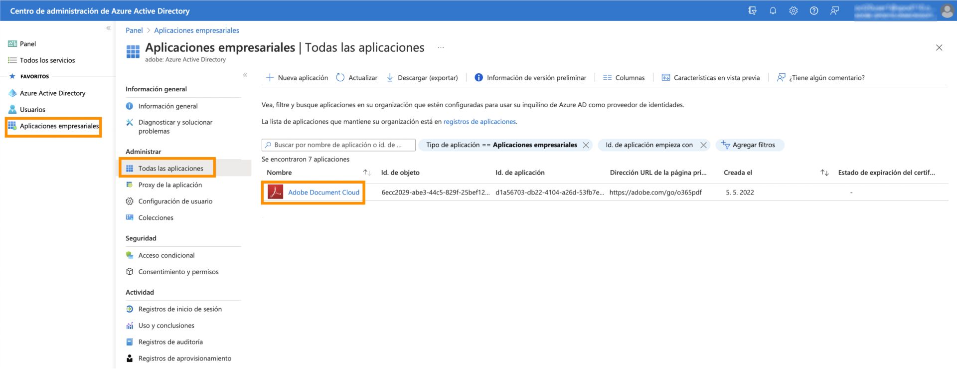 Seleccione la aplicación de Adobe Document Cloud