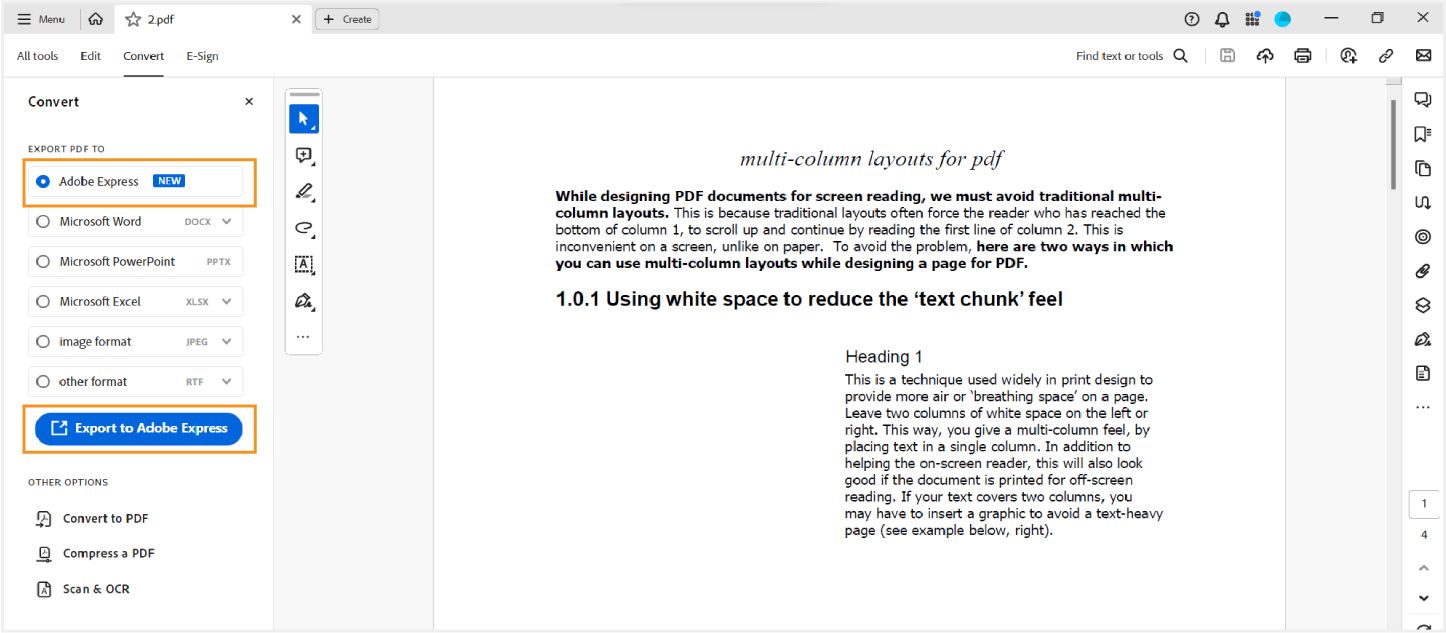 在 Adobe PDF 視窗中，「Acrobat Express」選項會螢光標示