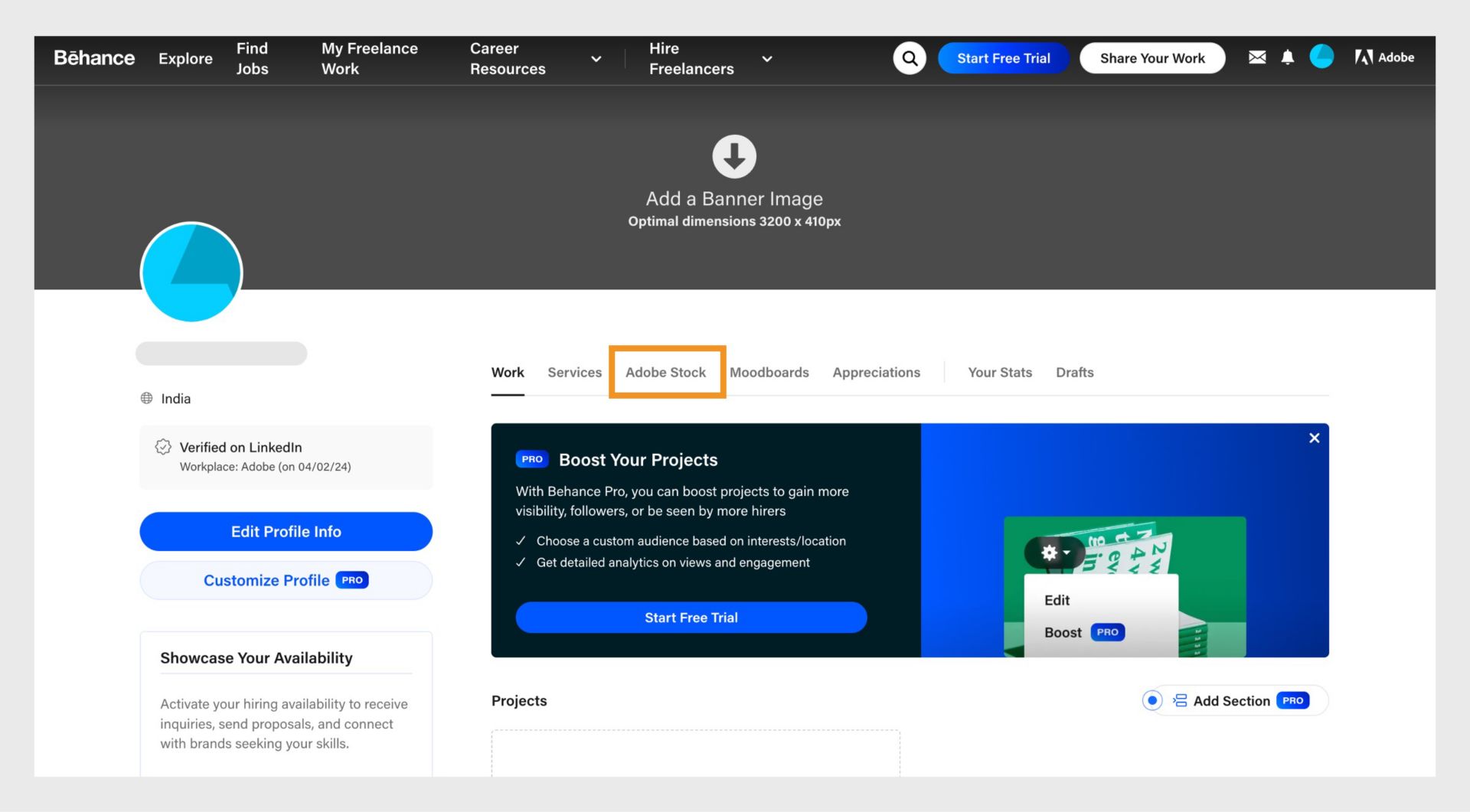 Die Adobe Stock-Registerkarte auf deiner Behance-Profilseite bietet die Option, deine Stock Contributor-Medien zu importieren und auf Behance anzuzeigen. 