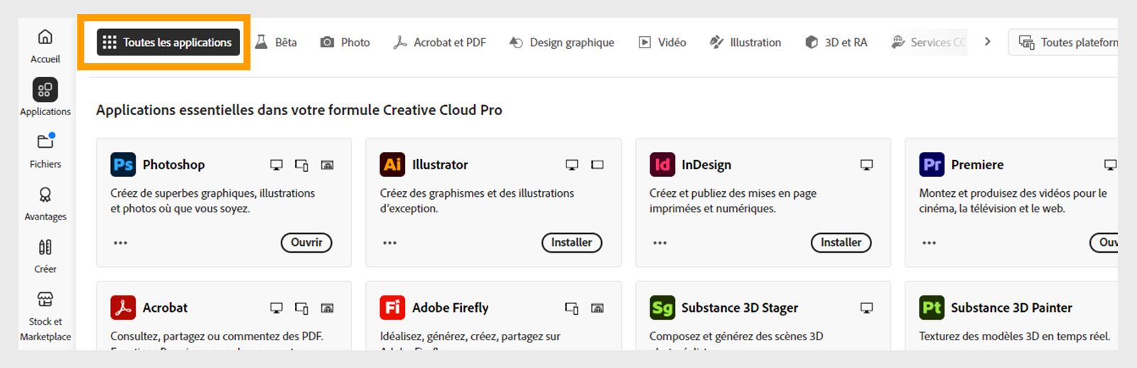 Sélectionner Vos applications pour afficher toutes les applications installées sur votre machine