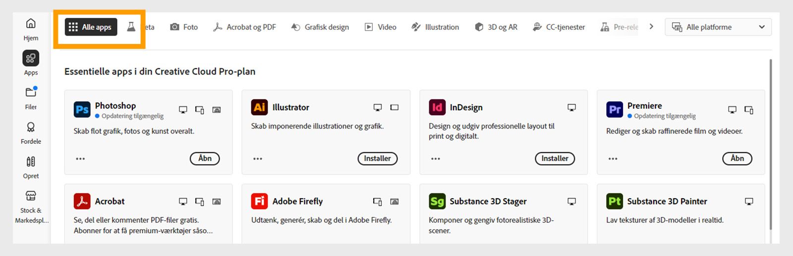 Vælg Dine apps for at se alle de apps, der er installeret på din computer