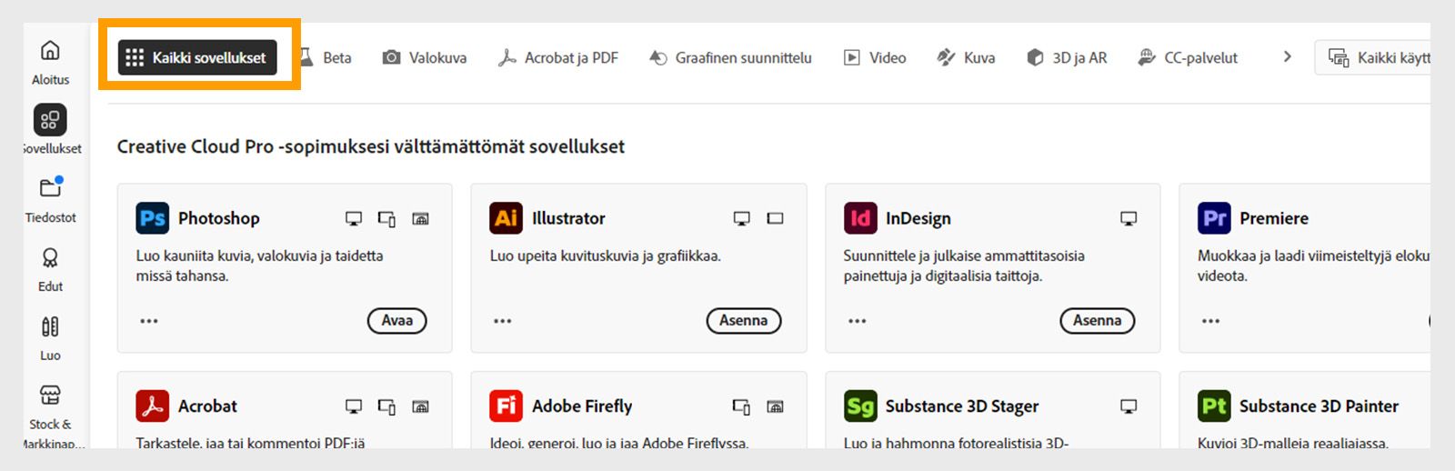 Valitse Omat sovellukset ja näet kaikki koneellesi asennetut sovellukset
