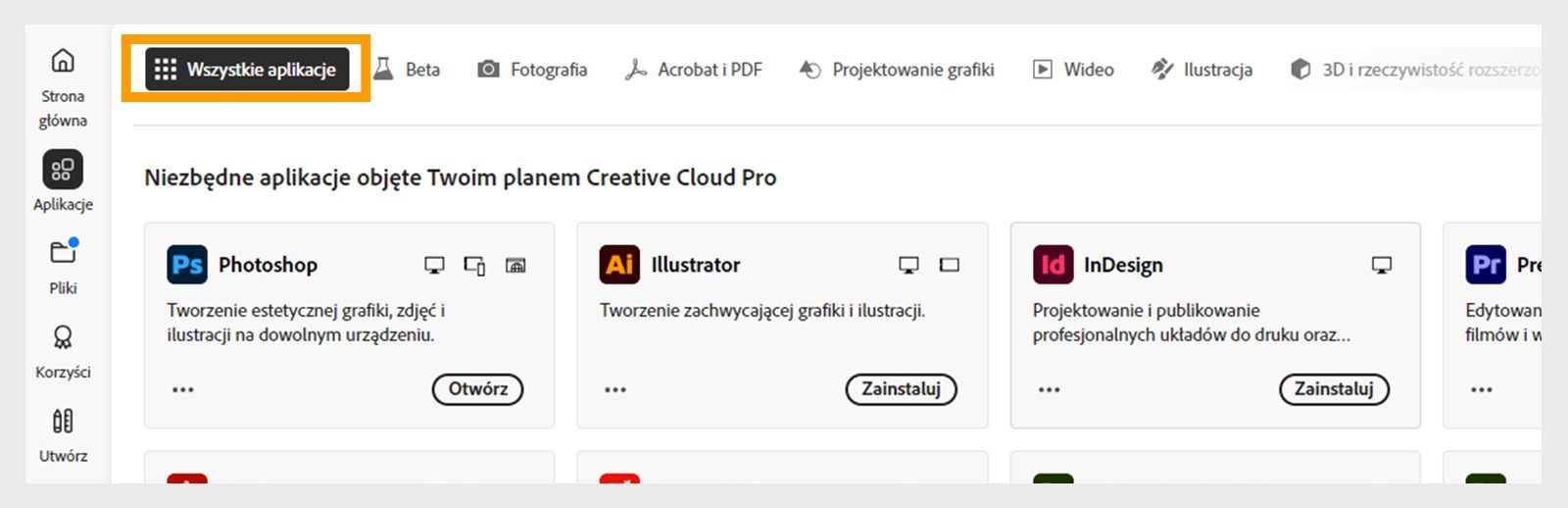 Wybierz aplikacje, aby wyświetlić wszystkie aplikacje zainstalowane na komputerze