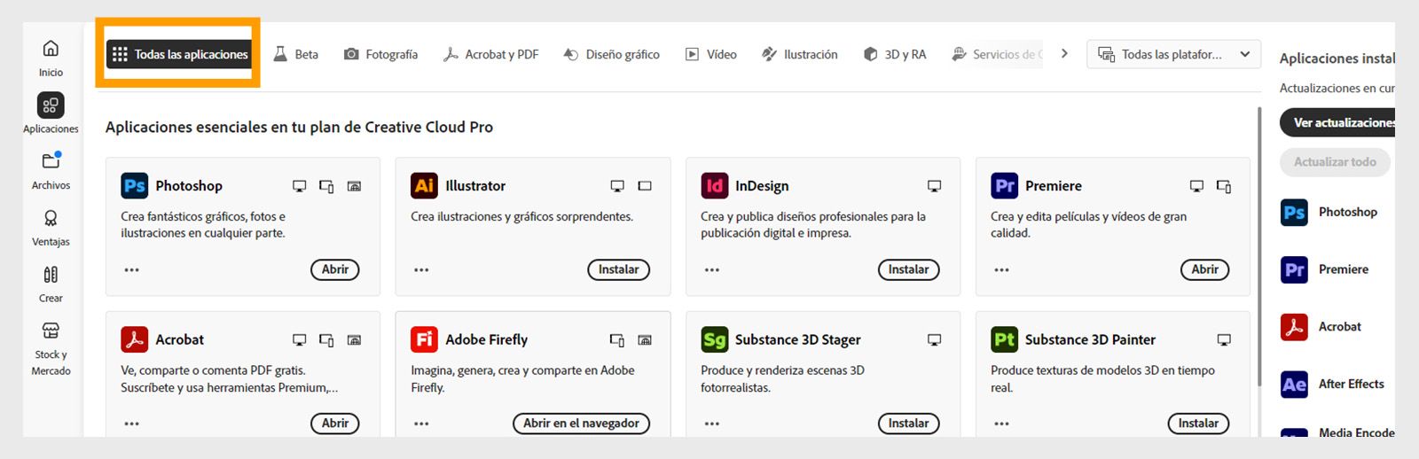 Selecciona Tus aplicaciones para ver todas las aplicaciones instaladas en tu equipo