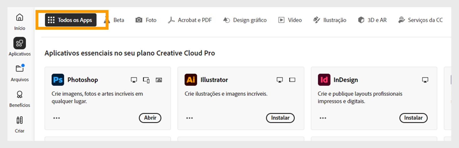 Selecionar Seus aplicativos para exibir todos os aplicativos instalados no computador