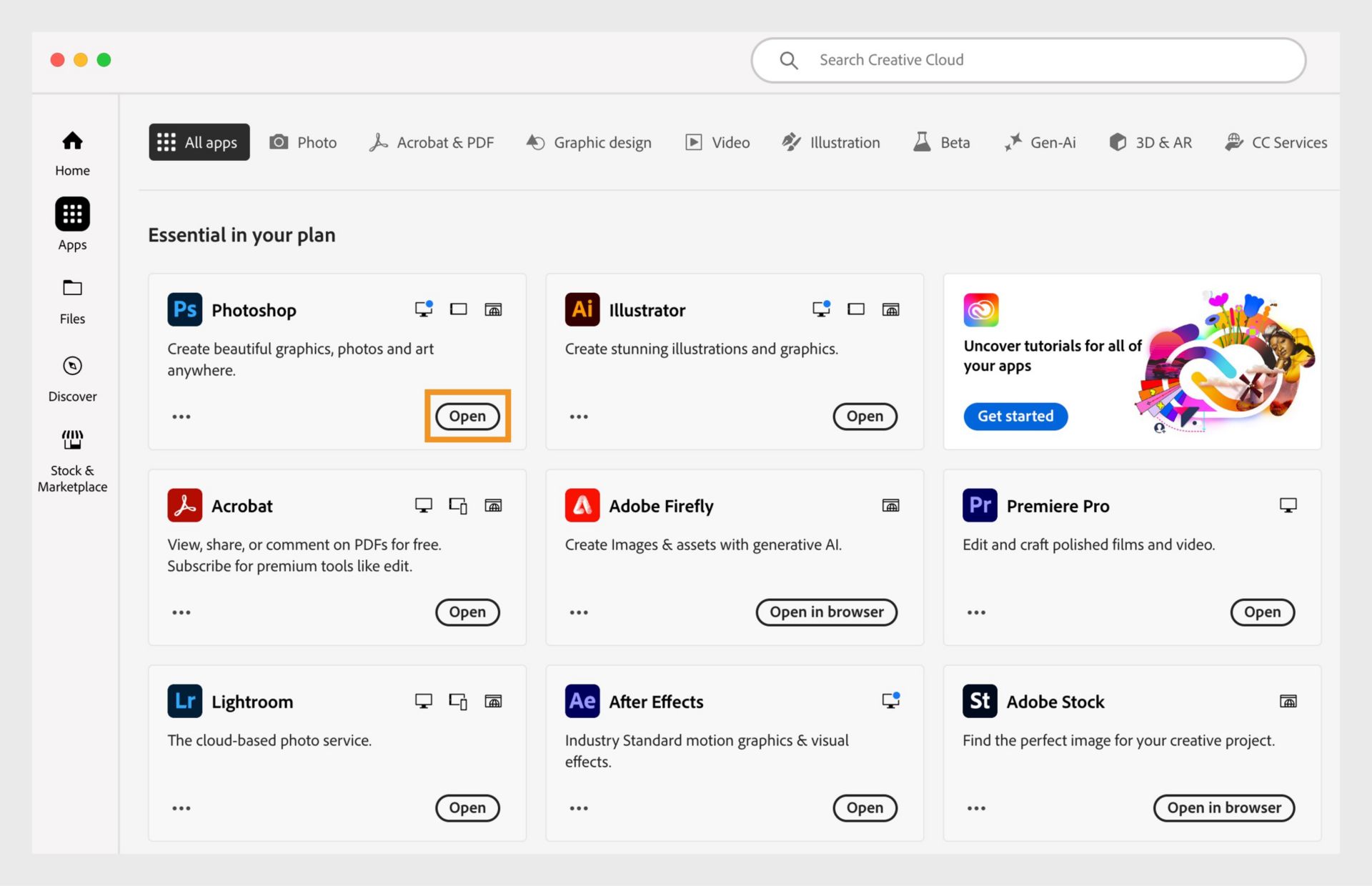 Узнайте, как открыть приложения Creative Cloud
