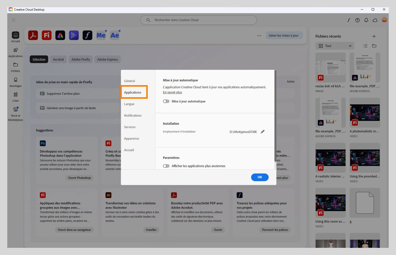 Panneau des préférences d'Adobe Creative Cloud ouvert sur l'onglet « Applis », affichant les options de mise à jour automatique, d'emplacement d'installation et d'utilisation de la bande passante.