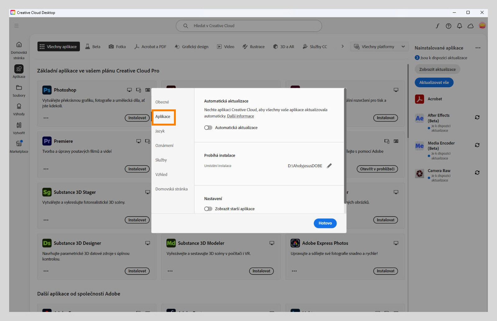 Sekce Aplikace v předvolbách Creative Cloud zobrazuje nastavení automatických aktualizací, umístění instalace a šířky pásma.