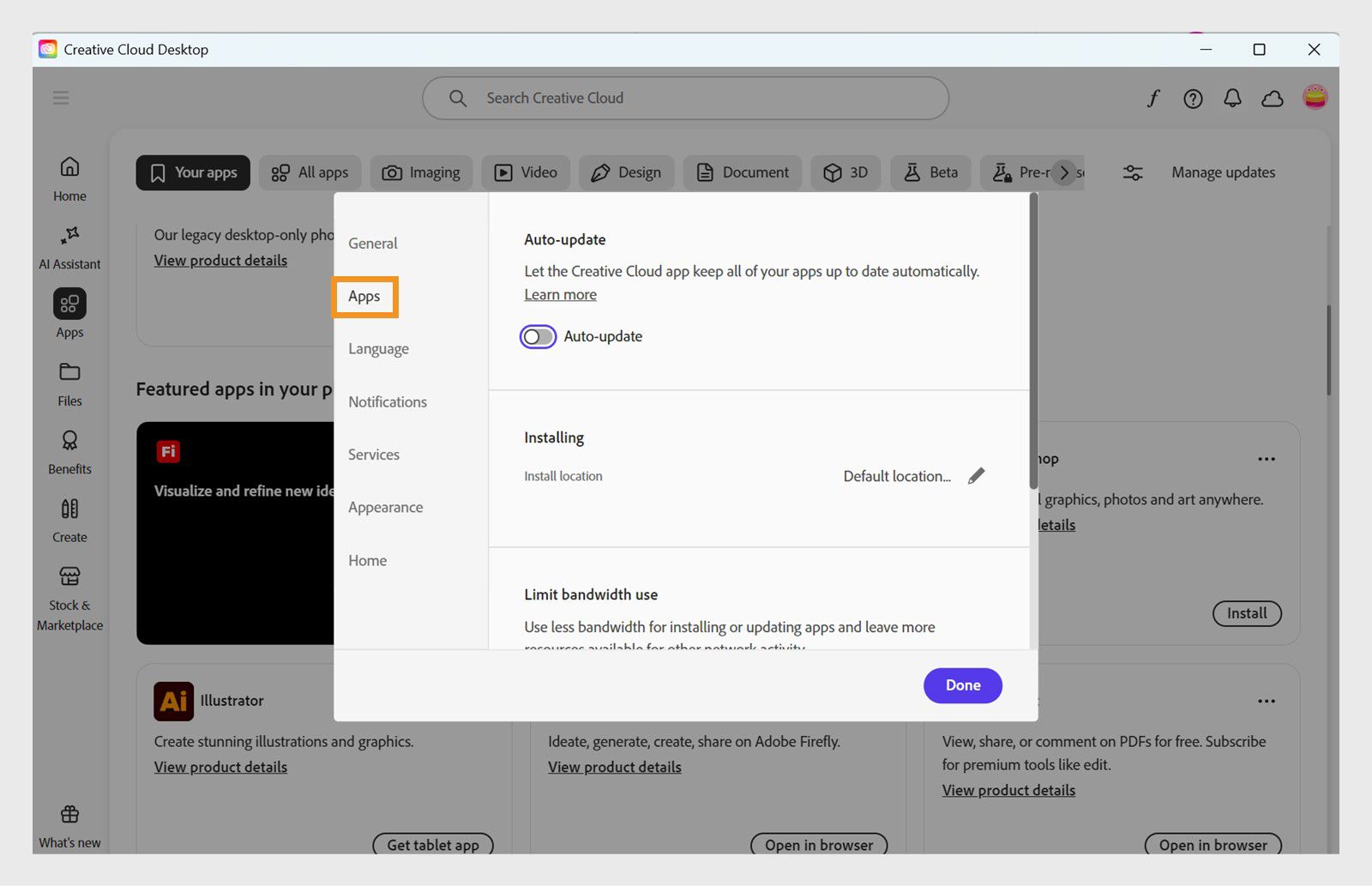يعرض قسم التطبيقات في تفضيلات Creative Cloud إعدادات التحديث التلقائي وموقع التثبيت وعرض النطاق الترددي.