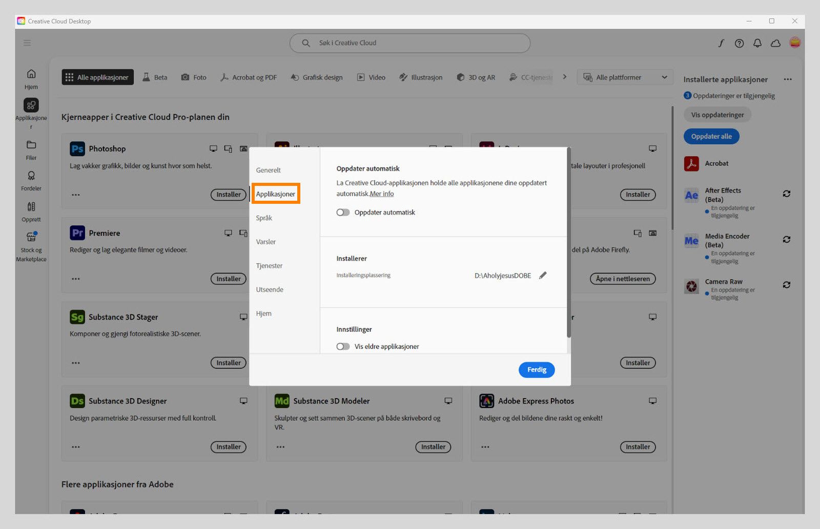 Adobe Creative Cloud-innstillingspanelet åpent på «Apper»-fanen, som viser alternativer for automatisk oppdatering, installasjonssted og båndbreddebruk.