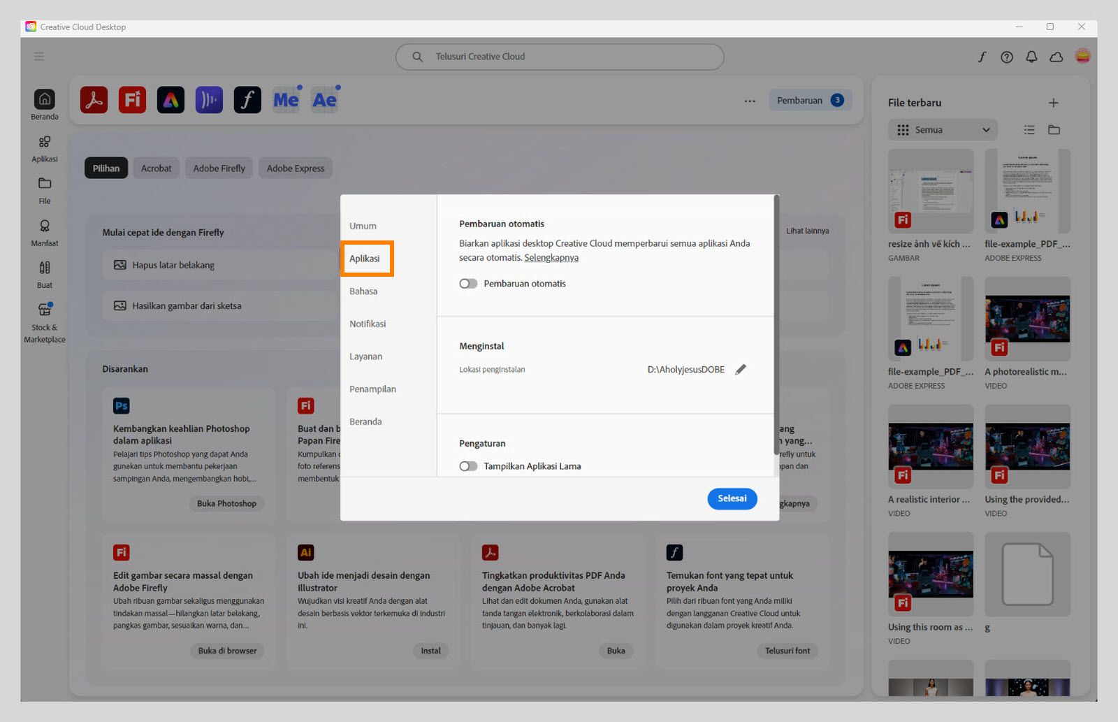 Panel preferensi Adobe Creative Cloud terbuka pada tab "Aplikasi", menampilkan opsi untuk pembaruan otomatis, lokasi instalasi, dan penggunaan bandwidth.