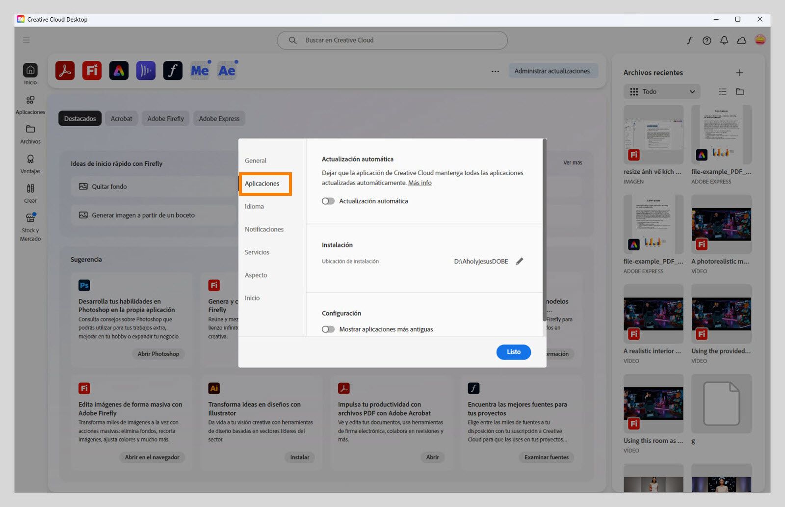 Panel de preferencias de Adobe Creative Cloud abierto en la pestaña "Aplicaciones", mostrando opciones para actualización automática, ubicación de instalación y uso de ancho de banda.