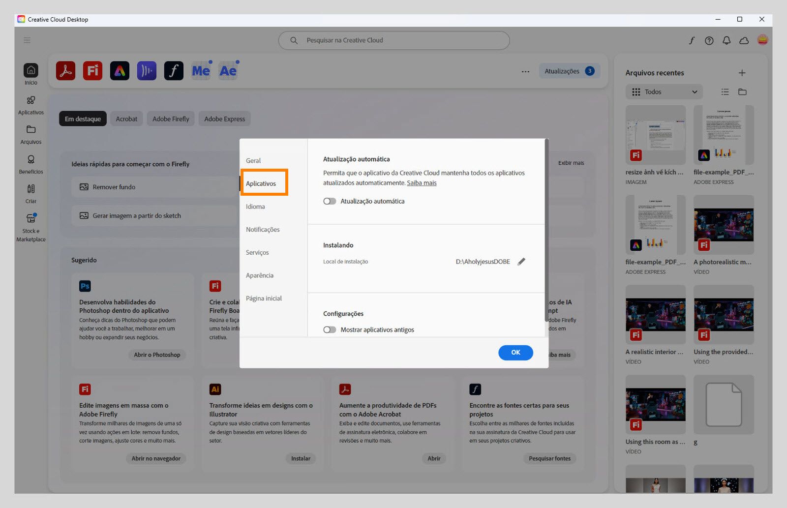 Painel de preferências da Adobe Creative Cloud aberto na guia “Aplicativos”, mostrando opções de atualização automática, local de instalação e uso de largura de banda.