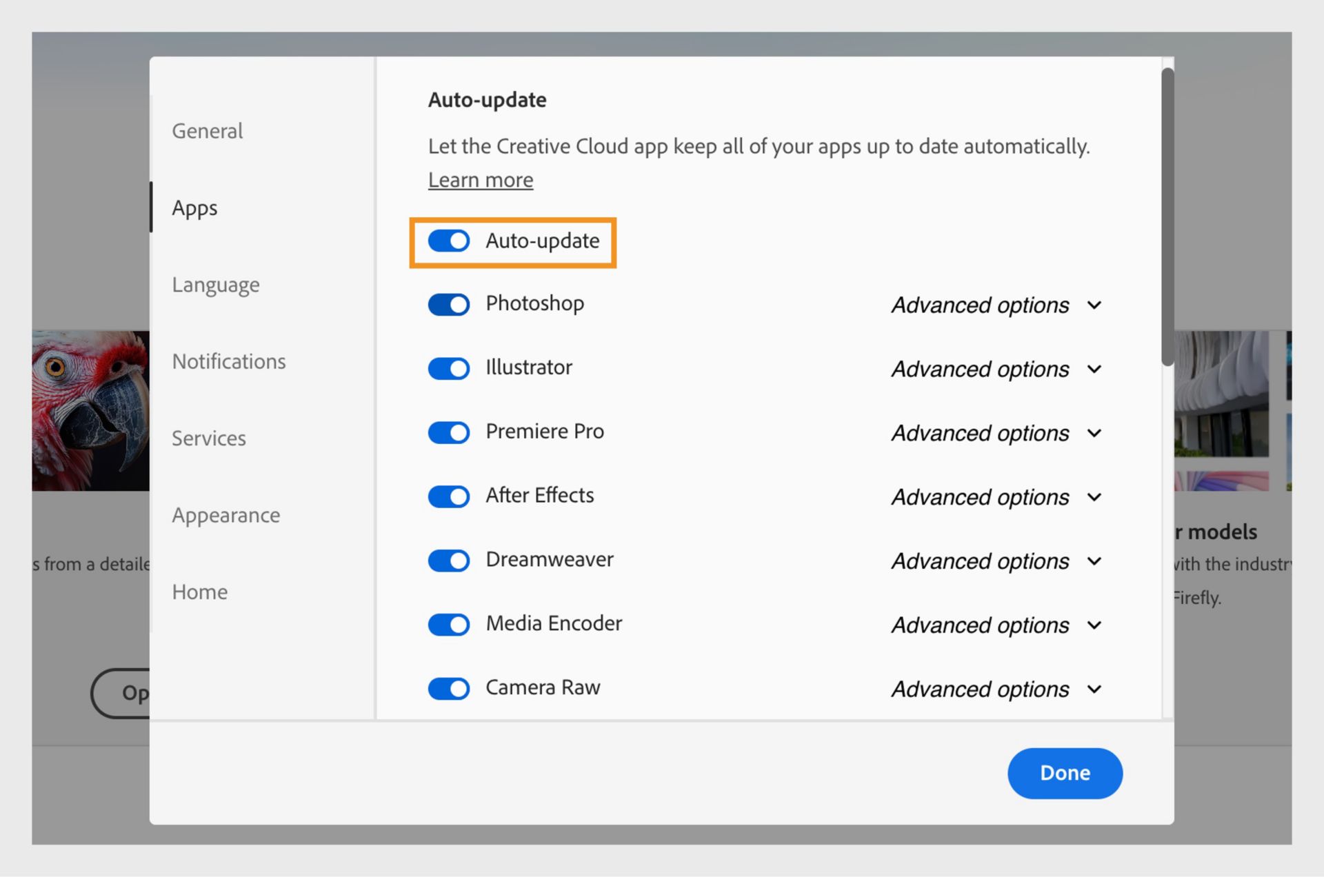 A seção Atualização automática na guia Aplicativos mostra todos os aplicativos instalados, com opções para habilitar ou desabilitar atualizações automáticas para cada aplicativo e exibir opções avançadas. 
