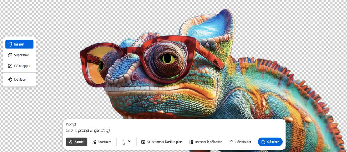 Caméléon coloré avec des lunettes de soleil surdimensionnées sur un arrière-plan qui a été retiré. 