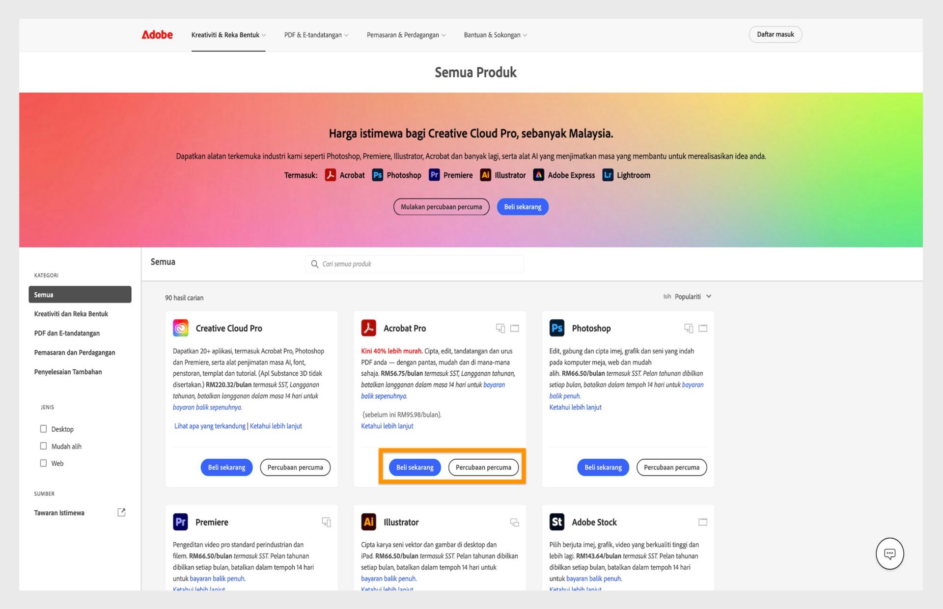 Halaman web katalog produk Adobe yang memaparkan pilihan langganan Creative Cloud dengan harga dan pautan muat turun..